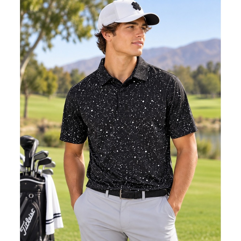NWT Birdie Bound Men's Golf Polo Small Black White Splatter Performance Shirt